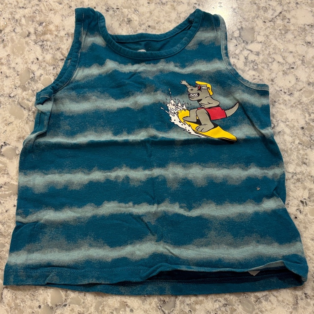 Old Navy Teal Tank Top with Surfing Dinosaur Graphic